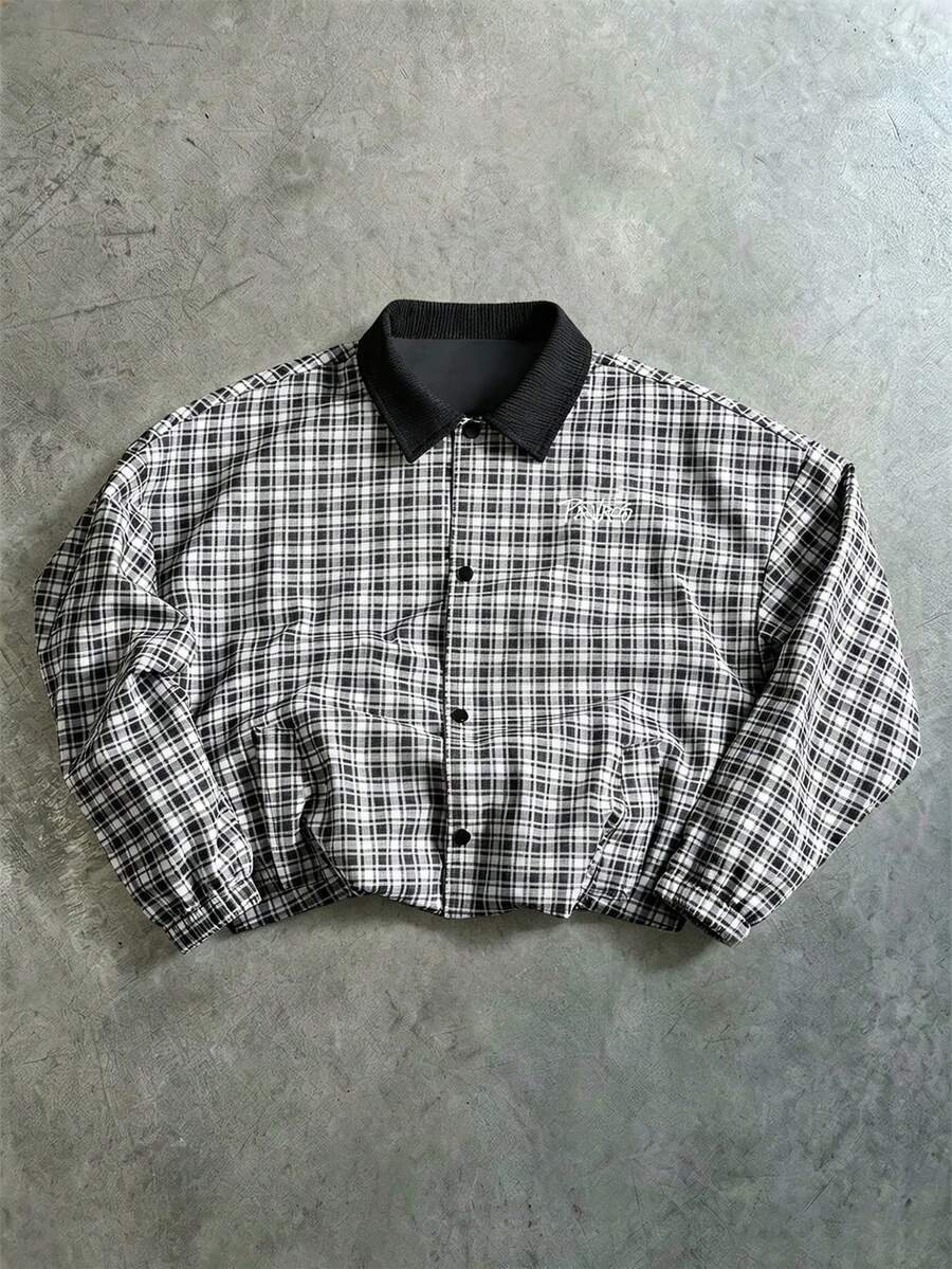 PAVTROS Men's Printed Casual Jacket, INS Style Plaid Pattern, Zipper Design, Suitable For All Seasons - Dark Grey - View 1