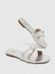 CUCCOO BIZCHIC Women's Fashion Metal Silver Buckle Color Matching Flat Sandals Spring - Metallic silver - View 2