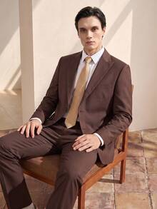 RONVEXI Men 1pc Peak Collar Blazer & 1pc Formal Suit Pants, Old Money Style, Ceremony - Coffee Brown - View 1