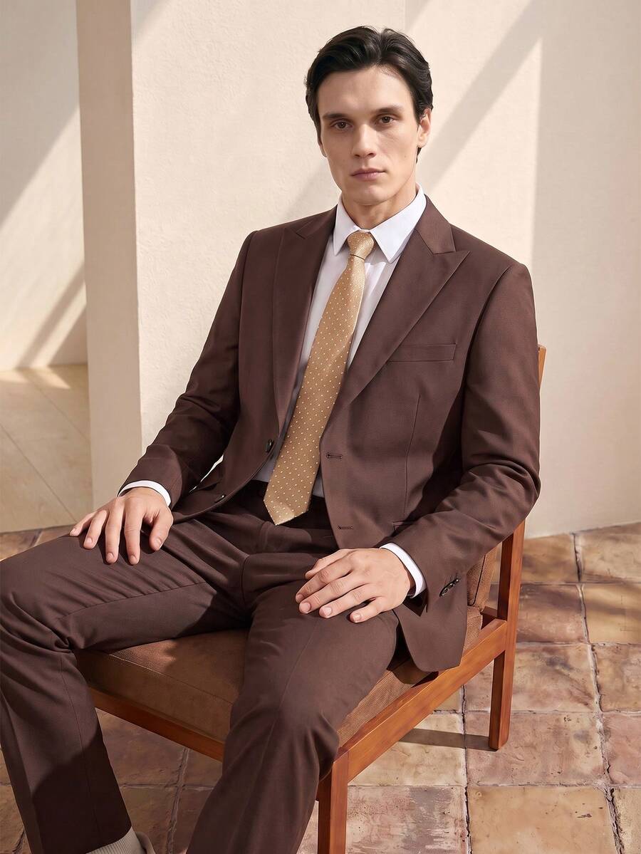 RONVEXI Men 1pc Peak Collar Blazer & 1pc Formal Suit Pants, Old Money Style, Ceremony - Coffee Brown - View 1