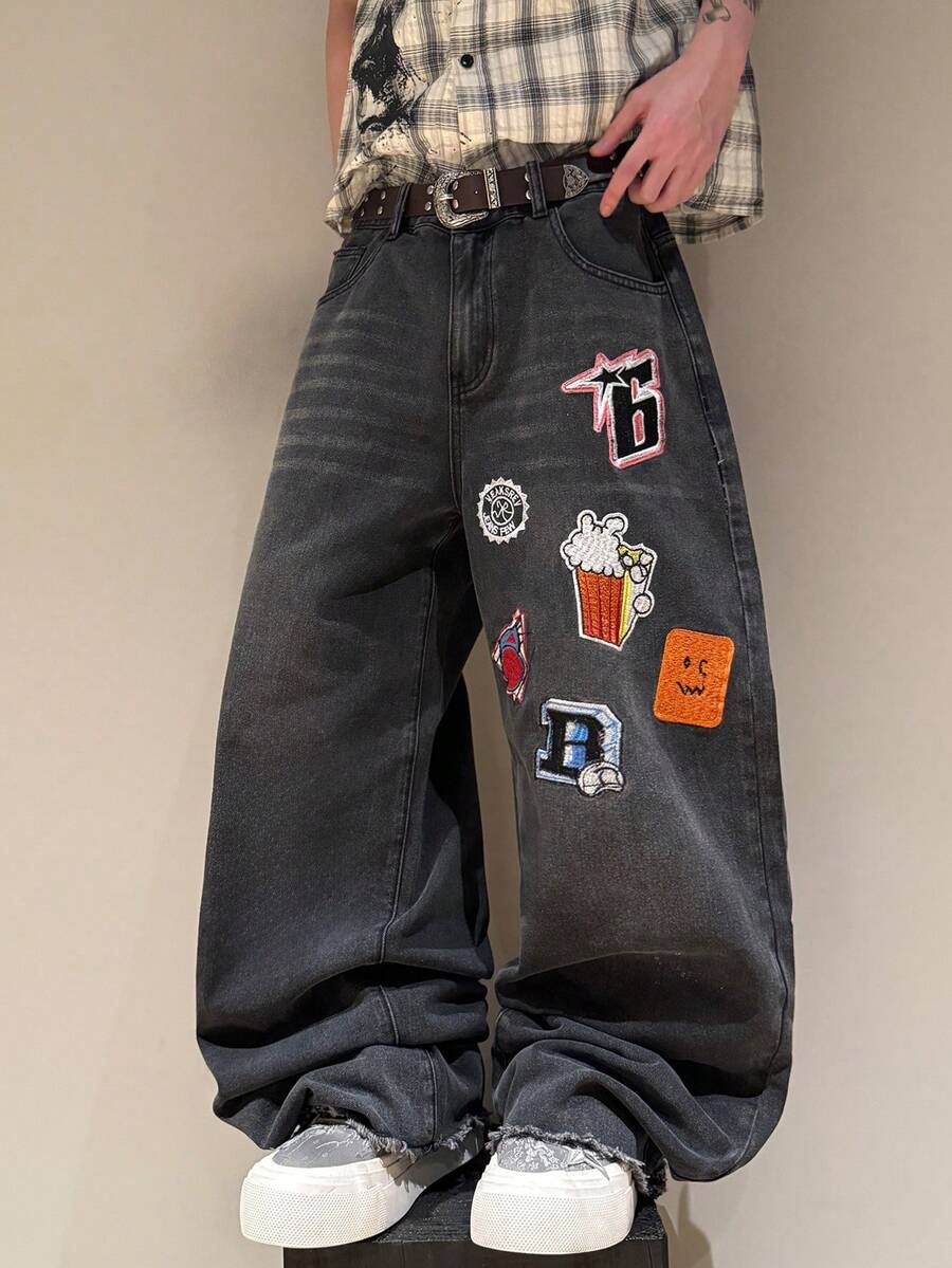 STEELVANCE 街頭風復古時尚百搭磨損貓鬚毛邊刺繡設計寬鬆直筒寬腿休閒牛仔褲 - 黑色 - 查看 1