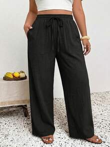 SHEIN Frenchy Plus Size Women's Casual Business Bohemian Style 100% Cotton Loose Pants, Fashionable Vacation Light Black Beach Pants, Suitable For Beach Vacation, Summer Women's Wear, Business Women's Pants, Holiday Casual Pants - Black - View 5