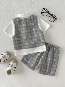 Cozy Pixies Conjunto de 3 piezas de traje para bebé niño y niña, estilo caballero, camisa blanca de manga corta tipo camiseta, chaleco y pantalones cortos, estampado de cuadros grises, adecuado para primavera y verano, estilo británico, para uso en casa y al aire libre, ideal para fiesta de cumpleaños, bautizo, celebración del primer cumpleaños, fiesta de noche, actuación, cena, boda y otras ocasiones - Gris - Ver 2