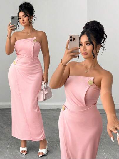 Elenzga Women's Plus Size Strapless Bodycon Dress, Solid Color Fitted Bodycon Dress With Metal Buttons, Elegant Knit Fabric Fashion Dress, Low-Key Minimalist Women's Dress, Solid Color