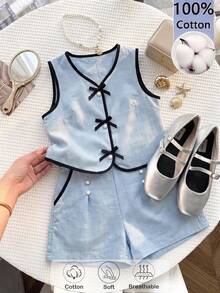 SHEIN ChillGRL Teen Girls Summer Fashion Versatile Sweet Style Sleeveless Tank Top & Shorts 2-Piece Set, Round Neck Cardigan With Bow & Button Decor, Woven Fabric Soft & Comfortable, Elegant Sweet Choice For Party & Birthday - Multicolor - View 2