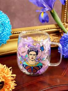 Frida Kahlo X SHEIN 1個 520ml/17.58oz 復古花卉雙層高硼矽酸鹽玻璃杯，附乾燥花裝飾，隔熱耐冷玻璃杯，適用咖啡與茶，美學藝術飲具 - 無色 - 查看 4
