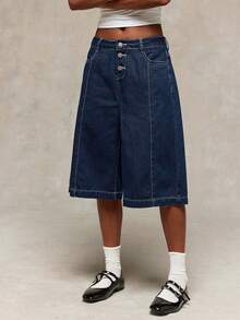 Normani Women's Raw Denim Bermuda Shorts, Low-Rise Wide-Leg Shorts, Casual Summer Style, Back To School , Preppy Style - Medium Wash - View 6