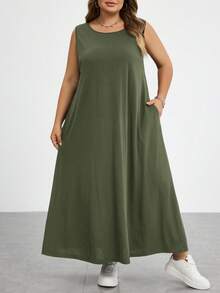 SHEIN CURVE+ 大尺碼女款夏季洋裝，女款度假洋裝，畢業禮服，商務休閒女款洋裝，女款辦公洋裝，新時尚休閒通勤套裝，條紋無袖口袋長洋裝，A字裙，黑白條紋洋裝 - 軍綠色 - 查看 5