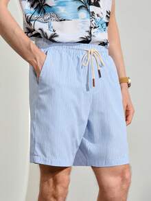 VeloEdit Pantalones cortos casuales de hombre con estampado de rayas y cordón en la cintura, adecuados para vacaciones de verano y uso diario - Multicolor - Ver 6