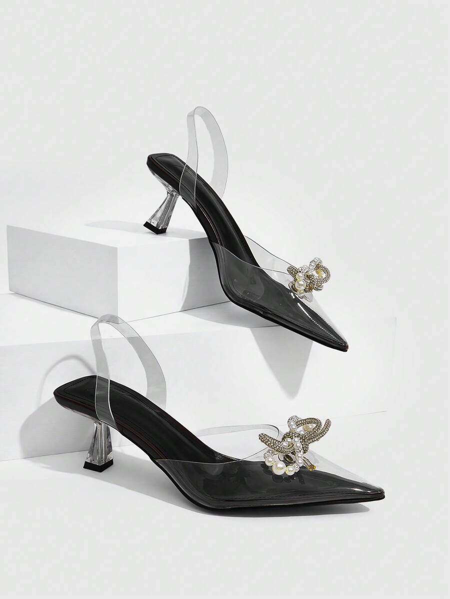 CUCCOO SZL Women Clear Slingback Pumps With Rhinestone And Pearl Embellished Bow Detail Pointed Toe High Heels - Deep coffee PU - View 1