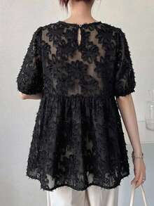 FRIFUL Blusa de verano casual para mujer con corte de abertura y volantes en unicolor - Negro - View 2