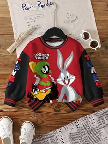 LOONEY TUNES X SHEIN 男嬰圓領字母卡通圖案拼色休閒日常長袖衛衣 - 白色 - 查看 6