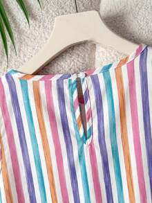 SHEIN Tween女孩時尚休閒圓領無袖條紋洋裝 - 彩色 - 查看 5