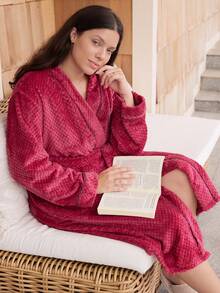 Doze Lane Women's Autumn Thermal Lined Flannel Plus Size Thick Robe Loungewear Night Red Night Night - Burgundy - View 5