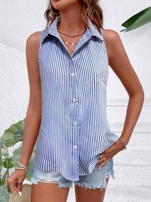 SHEIN Holidaya 藍白條紋無袖寬鬆襯衫 - 藍色 - 查看 5