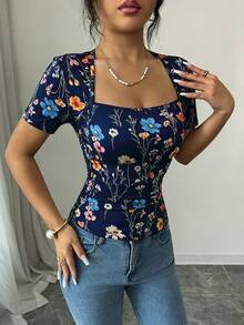 Elenzga 女款夏季休閒花卉印花T恤 - 藏蓝色 - 查看 3