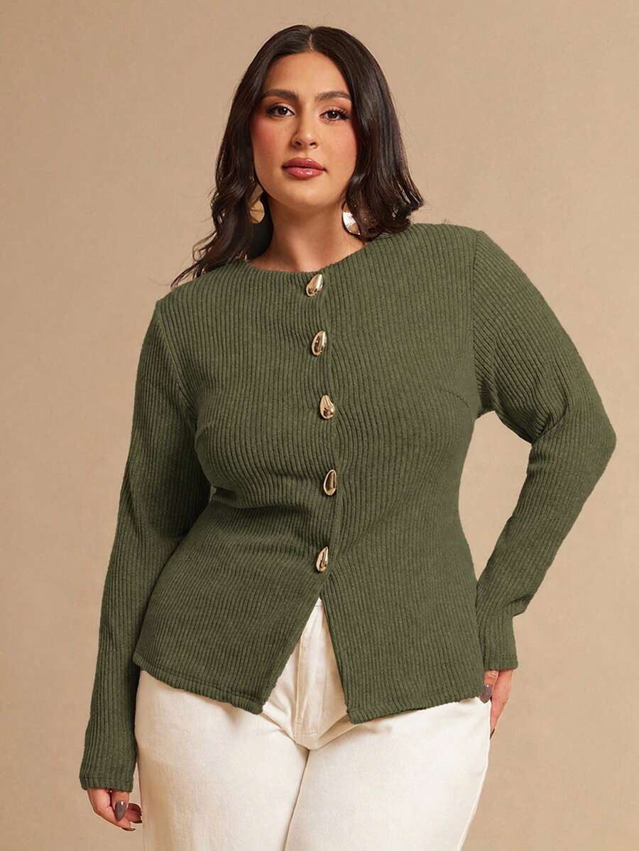SHEIN BAE Plus Size Women's Casual Solid Color Front Button Top, Spring/Autumn - Army Green - View 1