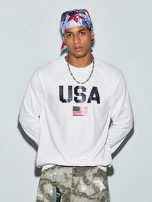 Modcrash US Flag Pattern Men's Basic Sweatshirt, Casual Street Style For Spring And Autumn, Long Sleeve Top - White - View 1