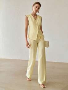 MOTF PREMIUM WOMEN'S SUMMER COMMUTE OFFICE MINIMALIST SOLID COLOR V-NECK WAIST-CINCHING BLAZER VEST - Yellow - View 5