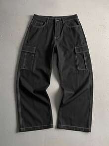 StoneGrade Men Plus Size Casual Loose Fit Cargo Pants, Fall - Black - View 1