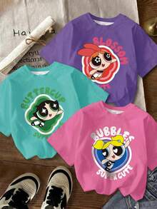 THE POWERPUFF GIRLS X SHEIN T-shirt à manches courtes décontracté pour jeune fille, col rond, imprimé lettres et dessin animé, 3 pièces/set - Multicolore - Voir 3