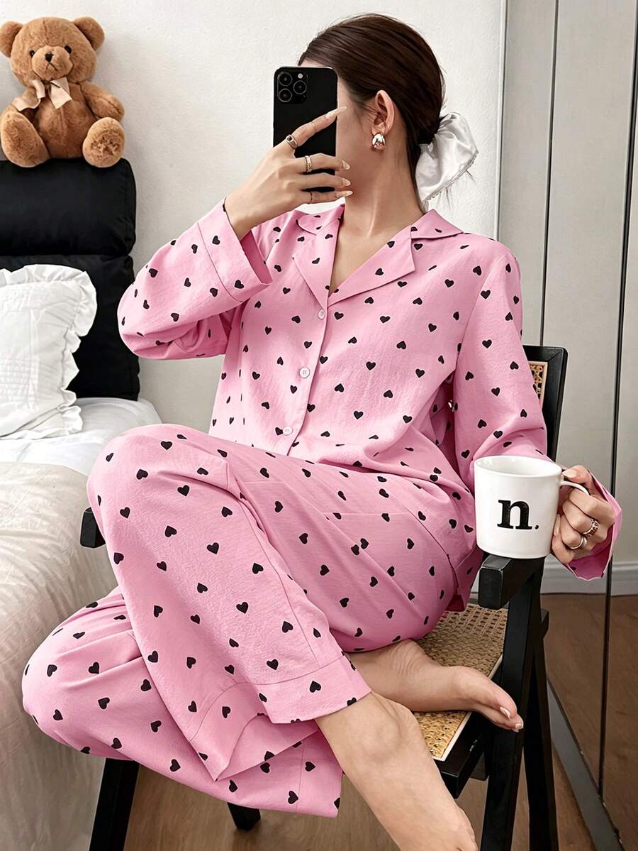 Napfluff Women's Loose Lapel Red Heart Print Long Sleeve Long Pants Pajama Set - Multicolor - View 1