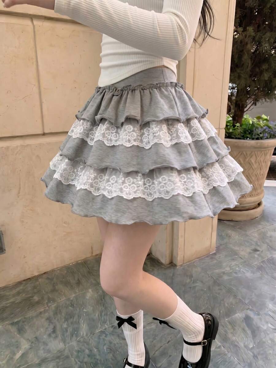 SHEIN MOD Summer Casual Knitted Shorts With Ruffle Trim And Lace Patchwork