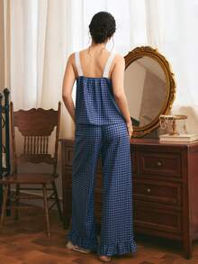 Côtesoire 南法鄉村風法式浪漫格紋女款對比色刺繡蕾絲拼接細肩帶上衣與荷葉邊下擺長褲睡衣套裝 - 藏蓝色 - 查看 2