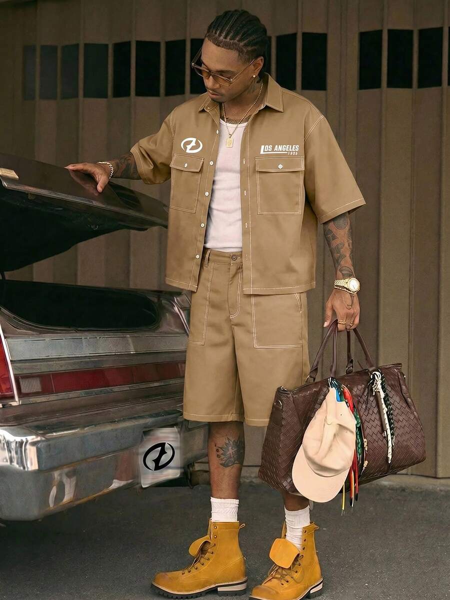 AXEPEAK Men's Letter Print Short Sleeve Cargo Pocket Shirt And Shorts Casual Set - Khaki - View 1