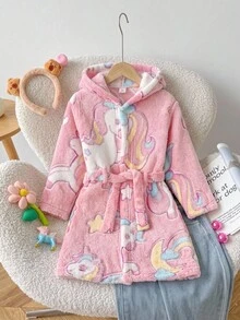 SHEIN 女童愛心卡通動物星星彩虹圖案保暖內裡厚絨連帽長袖前綁帶睡袍 秋冬睡衣 粉色 - 淺粉色 - 查看 1