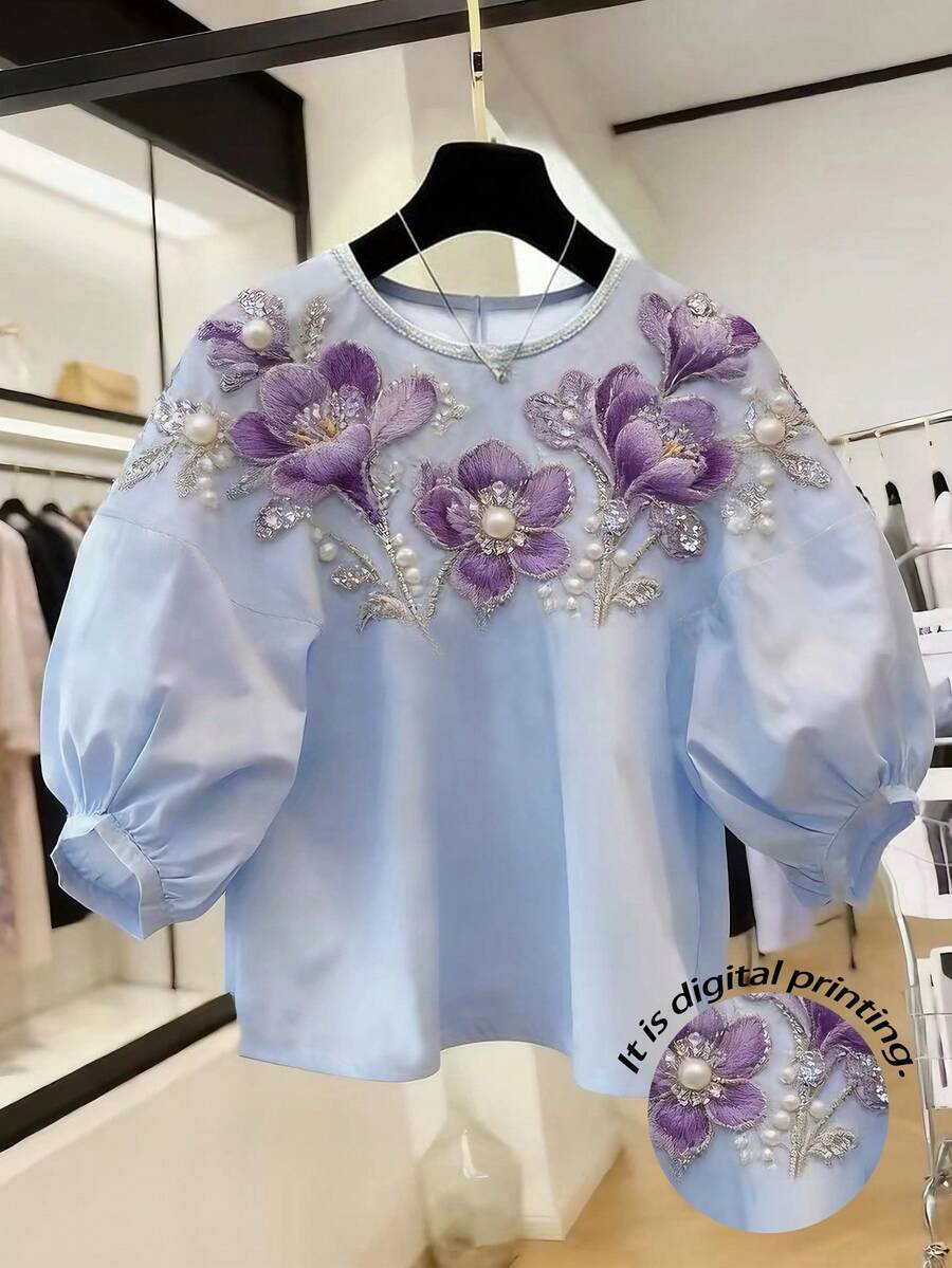 SHEIN Franclia Women's Short Sleeve Floral Print Summer Spring Elegant Romantic Wedding Party Blouse, Elegant Party Light Blue Floral - Multicolor - View 1