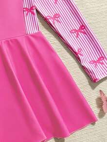 SHEIN 青少年女孩條紋蝴蝶結印花長袖連身泳裝裙，適合海灘度假、泳池派對、海灘派對 - 玫紅色 - 查看 5