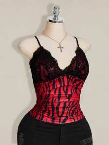 SHEIN ICON 大尺碼夏季時尚蕾絲拼接細肩帶背心 - 酒紅色 - 查看 4