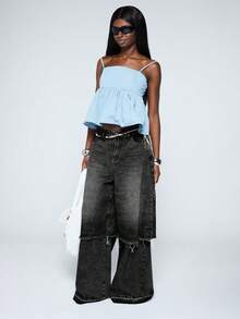 COUREZ Low Rise Layered Jorts Over Baggy Jeans In Black Wash/Y2K Autumn Clothes For Women Outfits Wide Leg Jeans Oversized Concert Bottoms Pants For Women - Grey - View 2