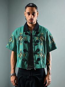 ROMWE MEN Street Life Men's Geometric Embroidery Short Sleeve Denim Shirt With Horn Buttons - Green - View 4