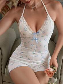 CottageSlumber Knitted Ribbed All-Over Romantic Floral Bow Lace Patchwork Women's Pajama Romper - Multicolor - View 1