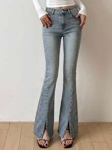 Joudiya Women's Pockets Flared Casual Versatile Denim Jeans - Blue - View 11