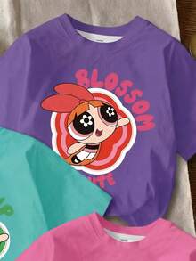 THE POWERPUFF GIRLS X SHEIN T-shirt à manches courtes décontracté pour jeune fille, col rond, imprimé lettres et dessin animé, 3 pièces/set - Multicolore - Voir 5