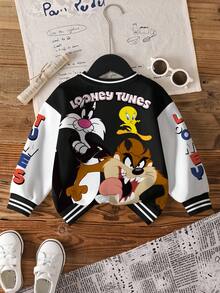 LOONEY TUNES X SHEIN 男嬰圓領字母卡通圖案拼色休閒日常長袖運動衫 - 白色 - 查看 2