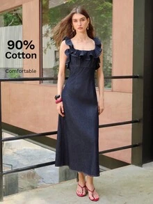 MOTF PREMIUM VESTIDO DE DENIM PARA MUJER CON CUELLO DE VOLANTE Y CINTURA AJUSTADA PRIMAVERA/VERANO - Azul - Ver 4