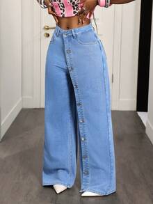 Slaydiva Celana Panjang Denim Biru Lebar Wanita Gaya Jalanan Luar Ruangan Kancing Depan Banyak Saku Modis - Medium Wash - View 4