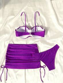 SHEIN Swim Ladies' 3pcs/Set Bikini Set With Faux Pearl Decor And Shell Cups, Including Swimwear, Cover-Up Skirt, For Summer Beach Vacation - Violet Purple - View 5