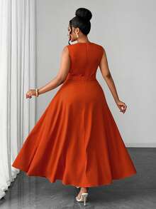 Maweii Vestido largo de línea A de talla grande, estilo vintage caramelo, cuello cuadrado, sin mangas, con ajuste ceñido a la cintura y efecto adelgazante con cinturón, estilo elegante de oficina francés - Naranja - Ver 2