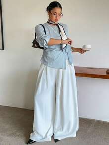 Dazy Plus Blue Striped Asymmetrical Placket Tie-Front Casual Fun Commuter Long Sleeve Spring Autumn Shirt - Baby Blue - View 4