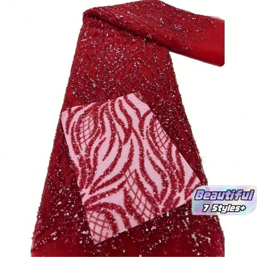 Tela de encaje francés con cuentas hecha a mano, encaje de lentejuelas rojas africanas de alta calidad 2024 con bordado de encaje nigeriano para bodas, tela de encaje para coser - Multicolor - Ver 1