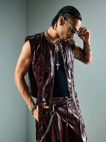 ROMWE MEN Street Life Men's Summer Casual Animal Texture Zipper Vest - Burgundy - View 4