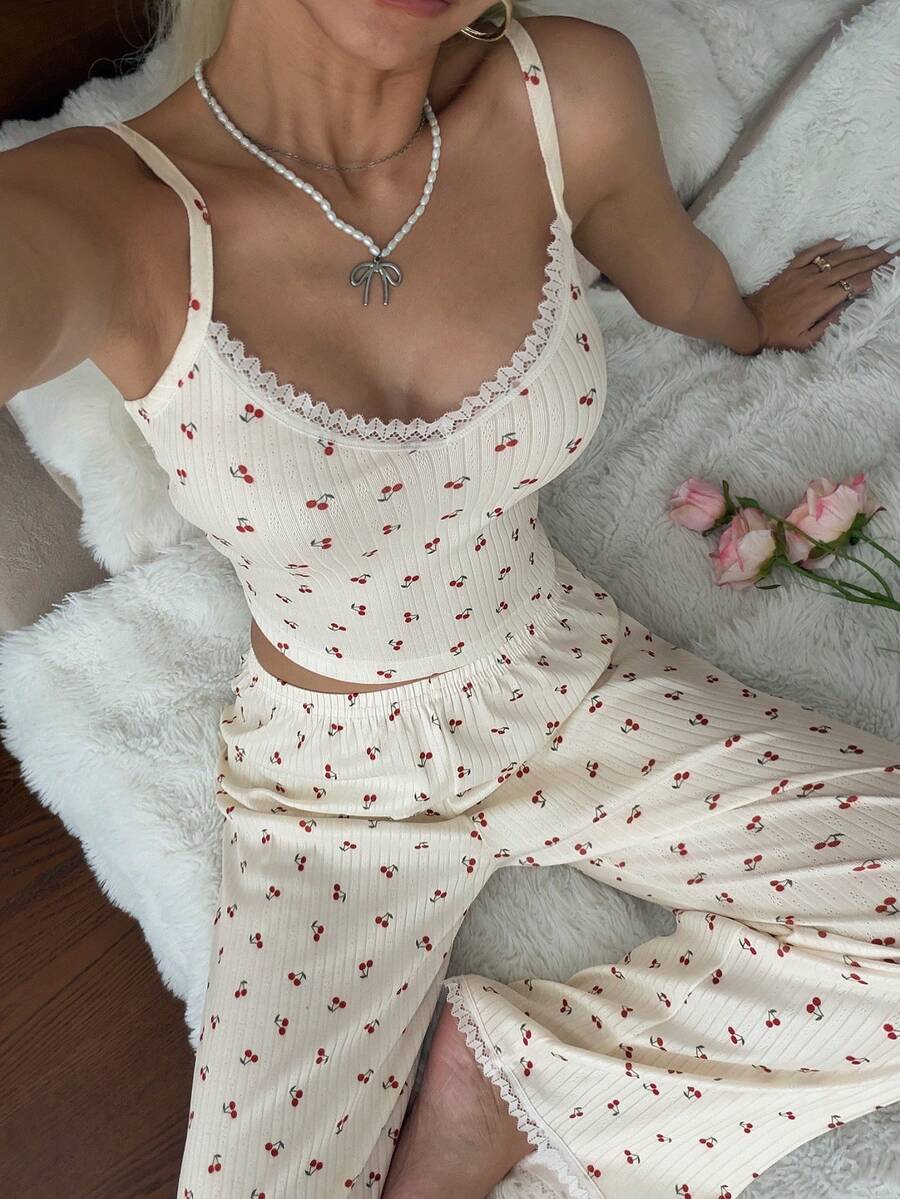 CottageSlumber Women's Silk Lace Cherry Jacquard Ribbed V-Neck Contrast Lace Casual Pajama Set - Apricot - View 1