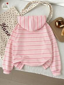 Tween Girls' American Retro Striped Print Hooded Sweatshirt, Suitable For Spring And Autumn Casual Wear, Street Sweet Cool Style, Fashionable Versatile Hooded Sweatshirt For Girls - Multicolor - View 2