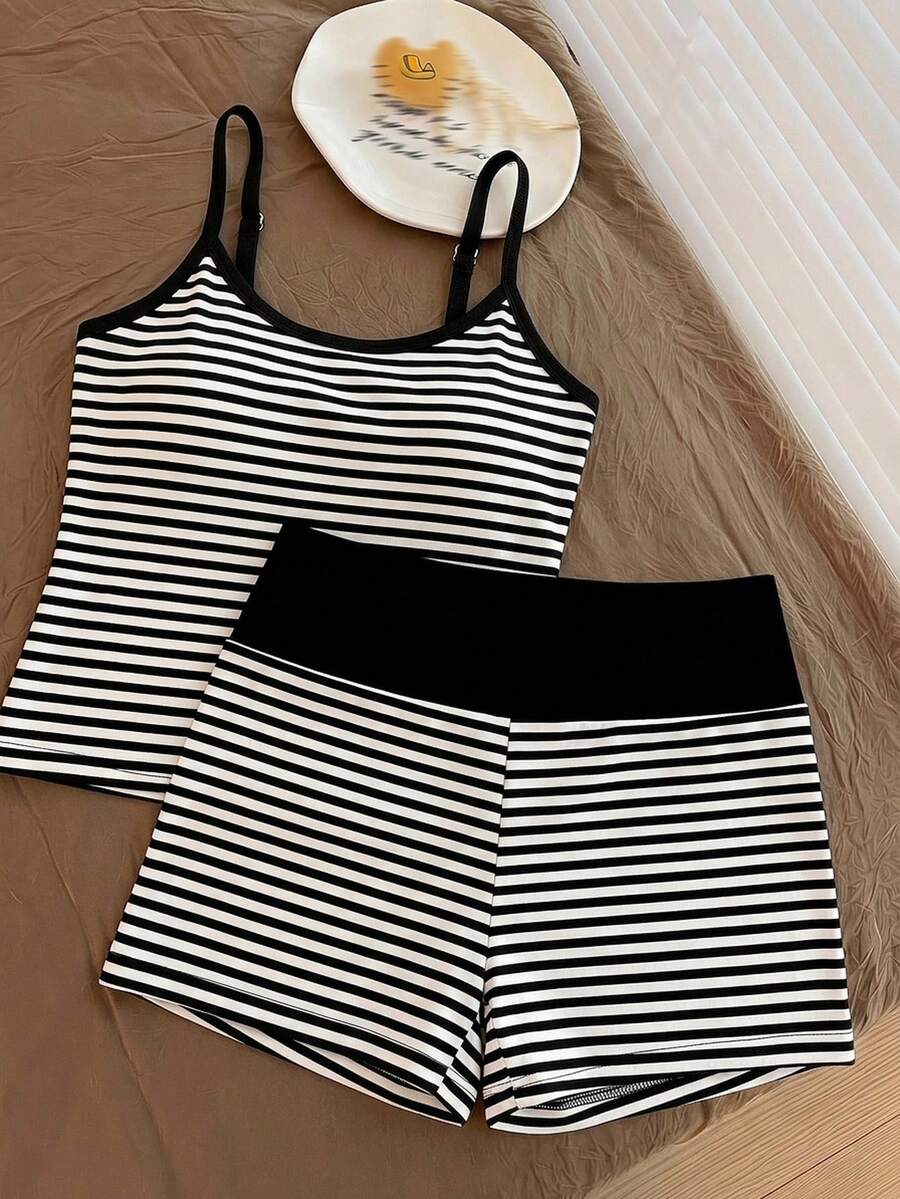 SHEIN Essnce Summer Contrast Trim Cami Top And Shorts Set - Multicolor - View 1