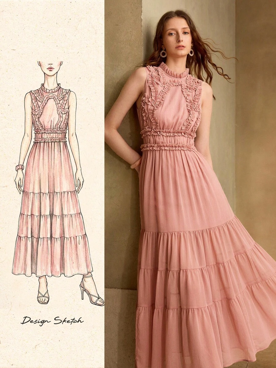 MOTF PREMIUM FRENCH ELEGANT SPRING/SUMMER NEW WOMEN'S HIGH-END FORMAL DRESS, LOTUS ROOT PINK HEAVY EMBROIDERY RUFFLE WAIST DRESS - Dusty Pink - View 2